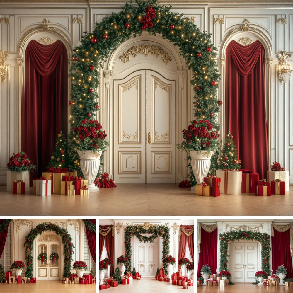 Vintage European Palace Xmas Photography Backdrop Ornate White Door Pine Floral Arch Red Silk Gift Box Photo Booth Background
Vintage European Palace Xmas Photography Backdrop Ornate White Door Pine Floral Arch Red Silk Gift Box Photo Booth Background