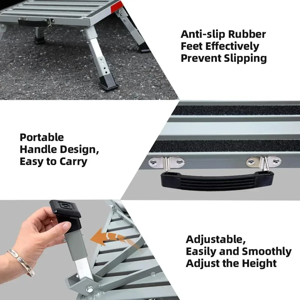 19" x 14.5" Large RV Step Stool, Adjustable Height Aluminum Folding Platform Step and Ladder with Non-Slip Rubber Feet, More St
19" x 14.5" Large RV Step Stool, Adjustable Height Aluminum Folding Platform Step and Ladder with Non-Slip Rubber Feet, More St