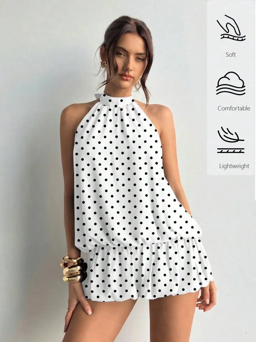 Womens Polka Dot Halter Neck Sleeveless Ruffle Hem Loose Summer Romper
Womens Polka Dot Halter Neck Sleeveless Ruffle Hem Loose Summer Romper