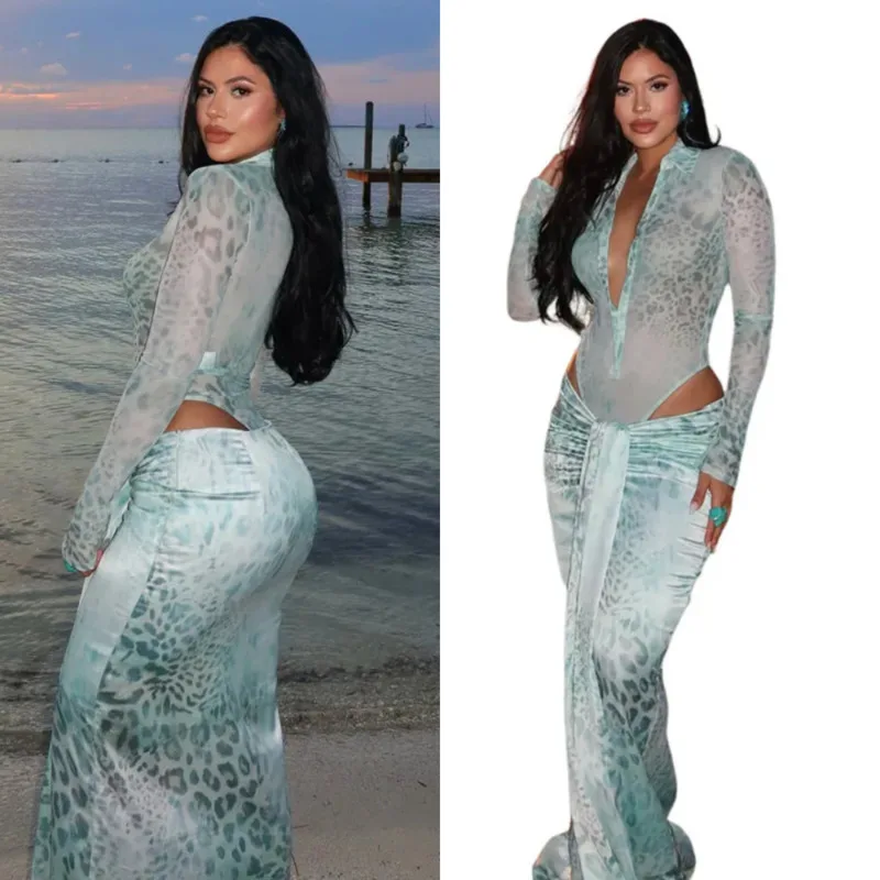 Women's Leopard Mesh 2 Piece Set See Through Bodysuit And Ruched Tie Maxi Skirt Y2K Sexy Vacation Beachwear Club Party Outfits
Women's Leopard Mesh 2 Piece Set See Through Bodysuit And Ruched Tie Maxi Skirt Y2K Sexy Vacation Beachwear Club Party Outfits