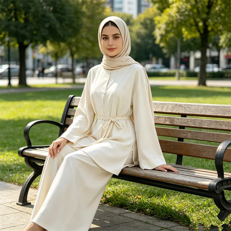 2PCS Muslim Women Buttons Tops Wide Leg Pants Set Casual Abaya Kaftan Modest Tracksuit Femme Musulmane Ensembles Islam Clothing
2PCS Muslim Women Buttons Tops Wide Leg Pants Set Casual Abaya Kaftan Modest Tracksuit Femme Musulmane Ensembles Islam Clothing