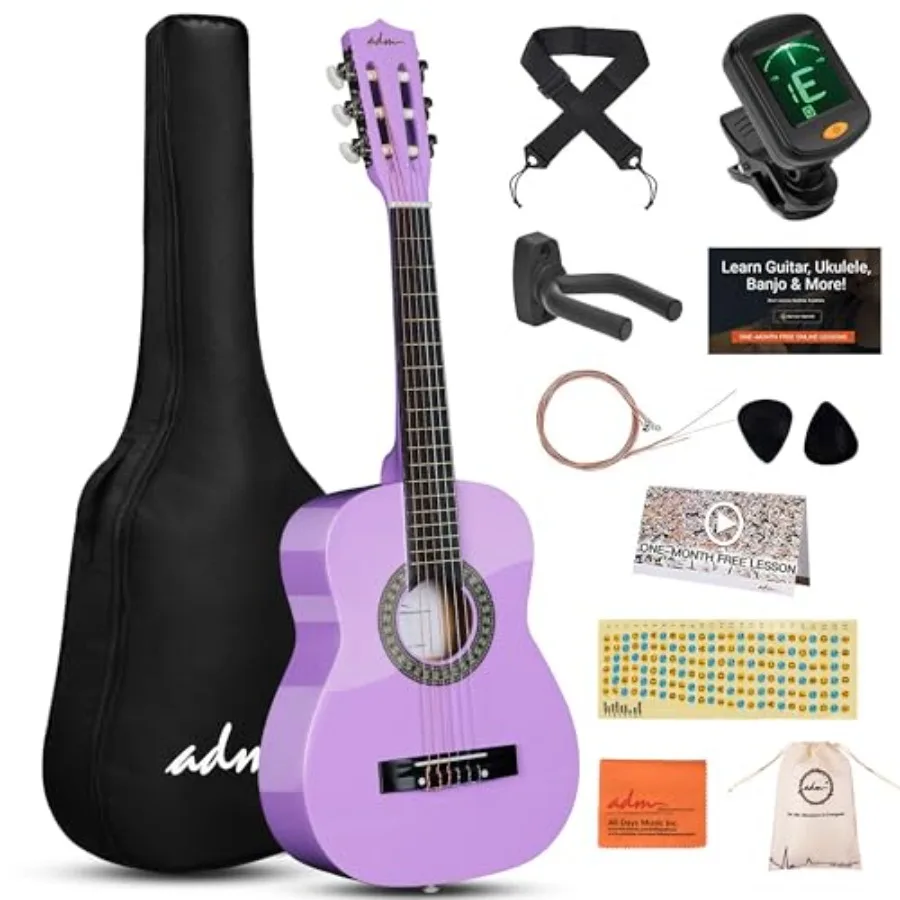 Beginner acoustic classical guitar with nylon strings, wooden body, natural wood color, includes gig bag, strap, tuner, strings
Beginner acoustic classical guitar with nylon strings, wooden body, natural wood color, includes gig bag, strap, tuner, strings