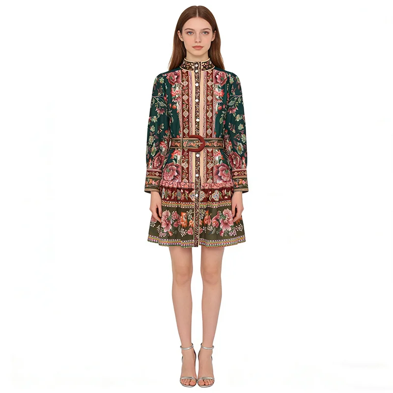 Women's Floral Print Mini Dress Stand Collar Long Lantern Sleeve Belted Loose Robe Style Spring Summer Holiday Fashion
Women's Floral Print Mini Dress Stand Collar Long Lantern Sleeve Belted Loose Robe Style Spring Summer Holiday Fashion