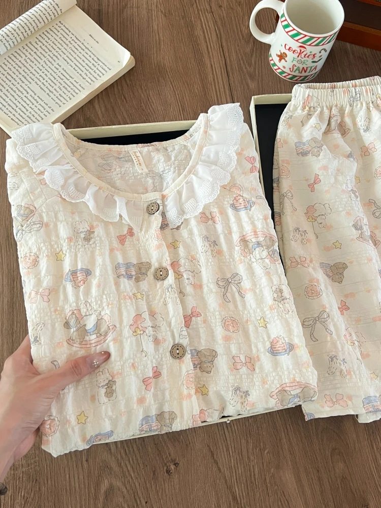 Sweet Lace Trim Sleepwear Women Summer Short Sleeve Cloud Cotton Home Clothes Set Cartoon Cute Student Casual Wear
Sweet Lace Trim Sleepwear Women Summer Short Sleeve Cloud Cotton Home Clothes Set Cartoon Cute Student Casual Wear