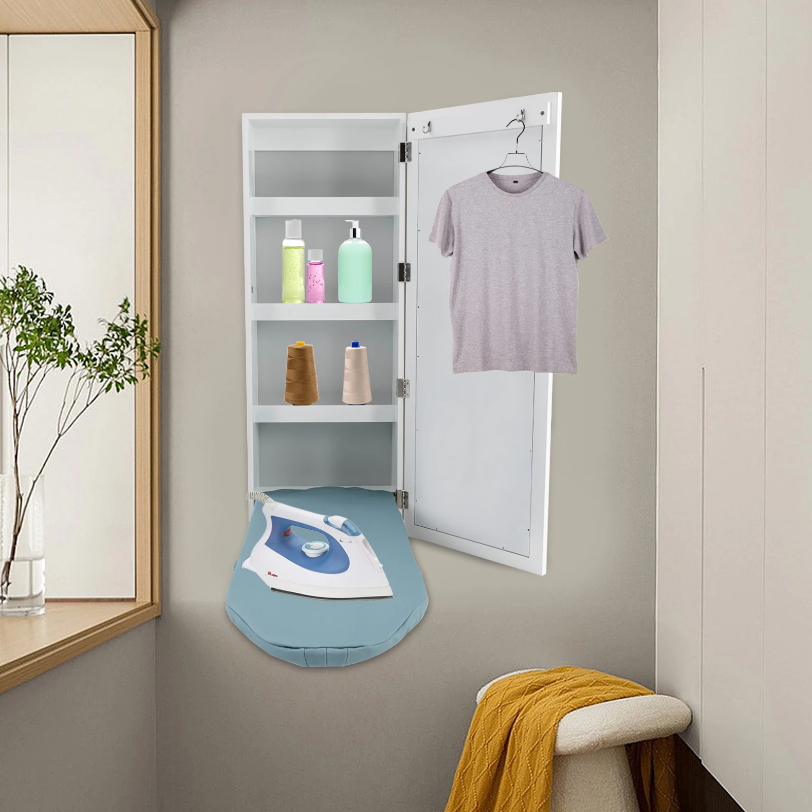 Multi-functional Ironing Board Cabinet Wall Mounted Storage Cabinet Foldable with Mirror,White for Small Apartment, Laundry Room
Multi-functional Ironing Board Cabinet Wall Mounted Storage Cabinet Foldable with Mirror,White for Small Apartment, Laundry Room