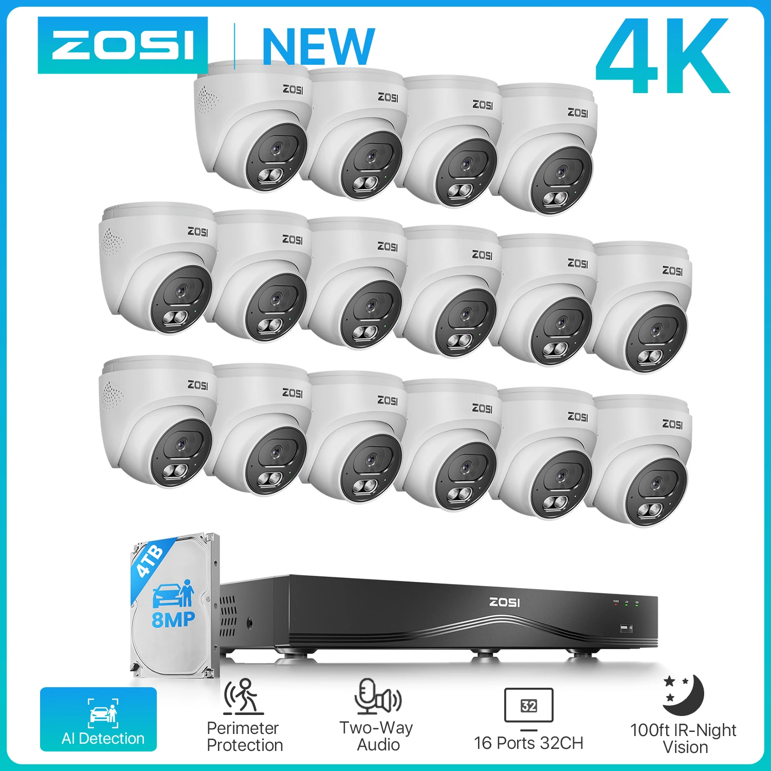 ZOSI 16CH 4K CCTV Cameras System 8MP Outdoor Indoor PoE Security Cameras 16Port 32-Channel NVR 4TB HDD Home Video Surveillance
ZOSI 16CH 4K CCTV Cameras System 8MP Outdoor Indoor PoE Security Cameras 16Port 32-Channel NVR 4TB HDD Home Video Surveillance