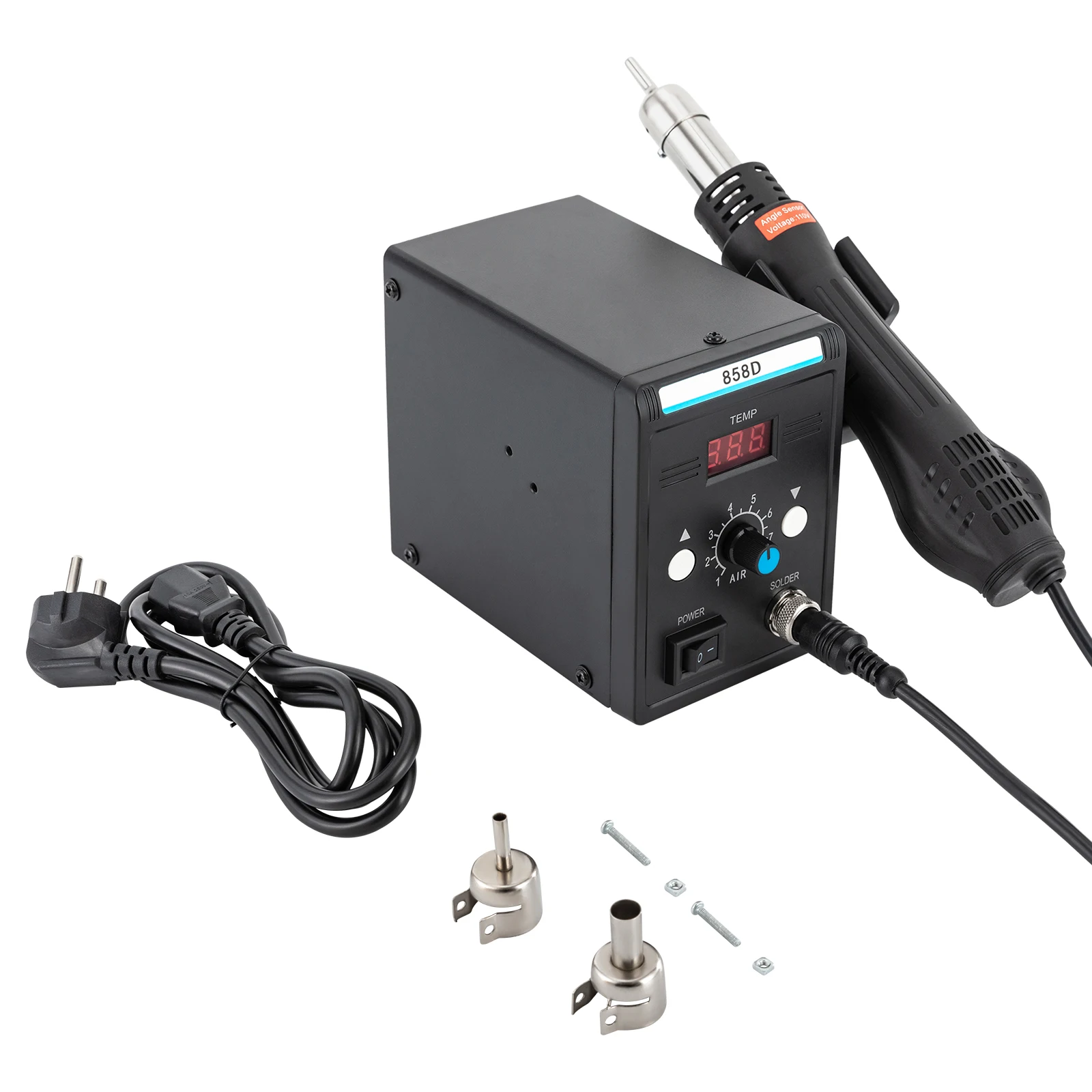 700W 220V 858D Powerful Hot Air Rework Station with a Hot Air Gun, 3 Hot Air Nozzles, 8 Gears SMD Soldering Station
700W 220V 858D Powerful Hot Air Rework Station with a Hot Air Gun, 3 Hot Air Nozzles, 8 Gears SMD Soldering Station
