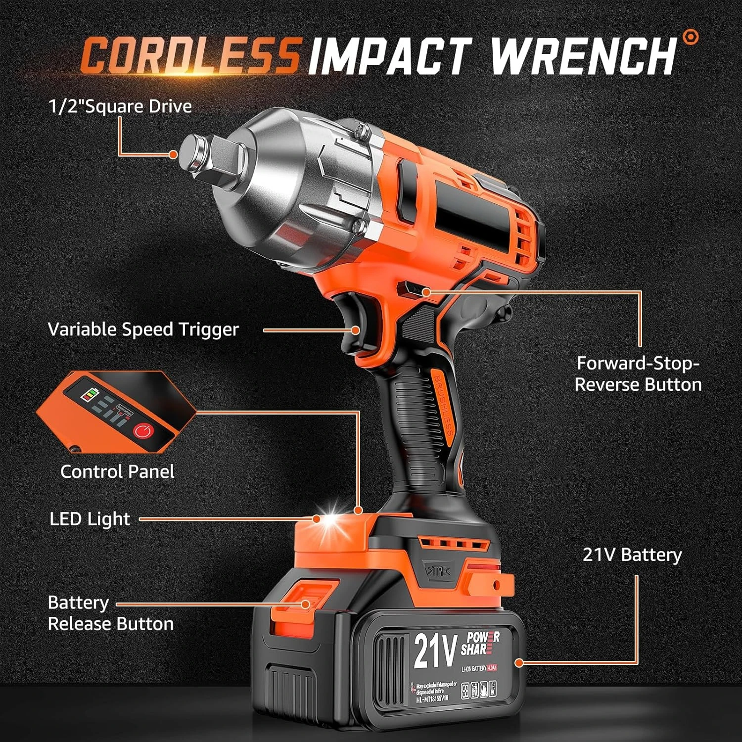 1300N.m(960Ft-lbs) Cordless Impact Wrench 1/2" Brushless High Torque Impact Wrench with 2x 4.0Ah Batteries
1300N.m(960Ft-lbs) Cordless Impact Wrench 1/2" Brushless High Torque Impact Wrench with 2x 4.0Ah Batteries