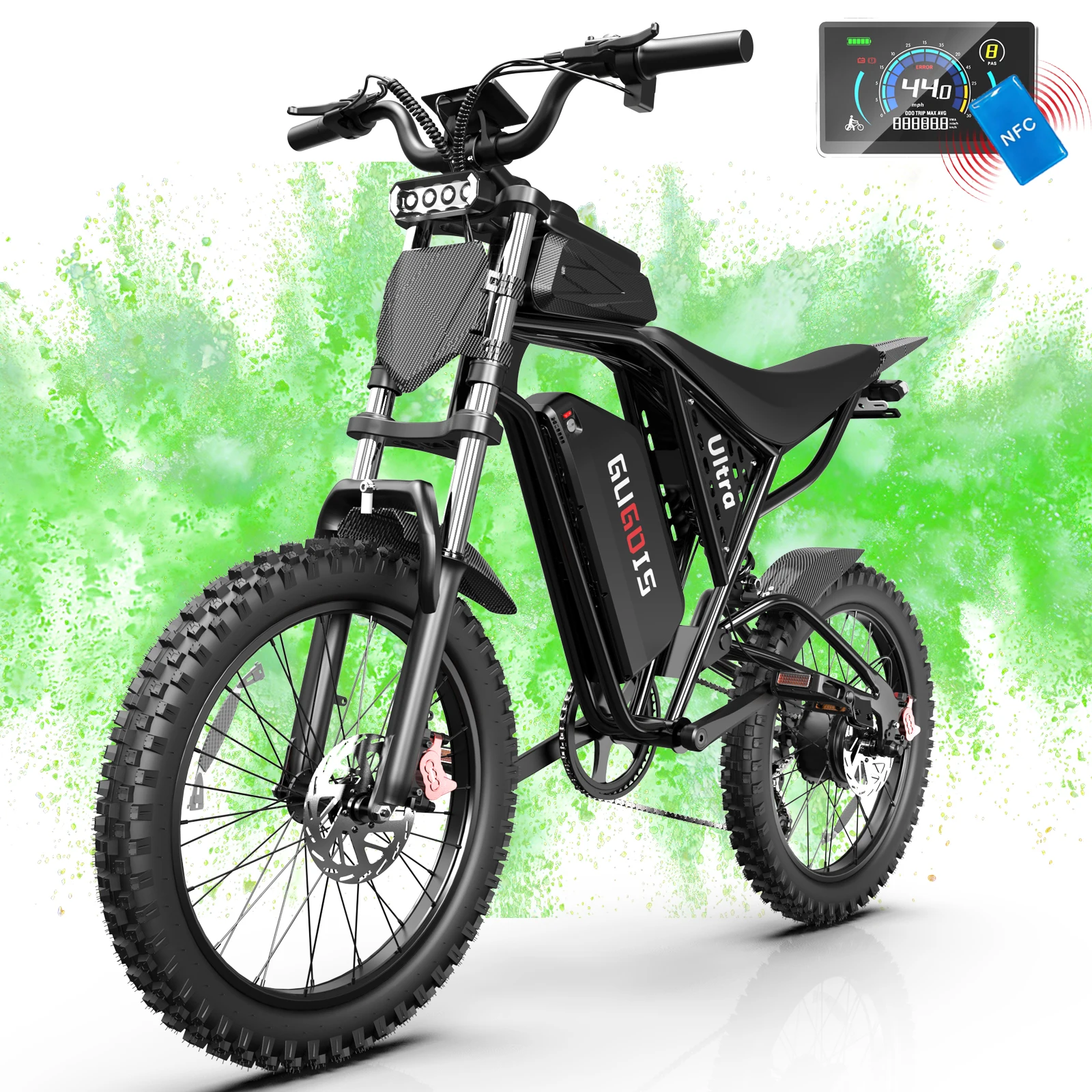 2500W Electric Dirt Bike for Adults with NFC Unlock, Alarm, 52V 25Ah Battery, 90 Miles, 40 MPH, 23x3.0" Fat Tire Off-Road Ebike
2500W Electric Dirt Bike for Adults with NFC Unlock, Alarm, 52V 25Ah Battery, 90 Miles, 40 MPH, 23x3.0" Fat Tire Off-Road Ebike