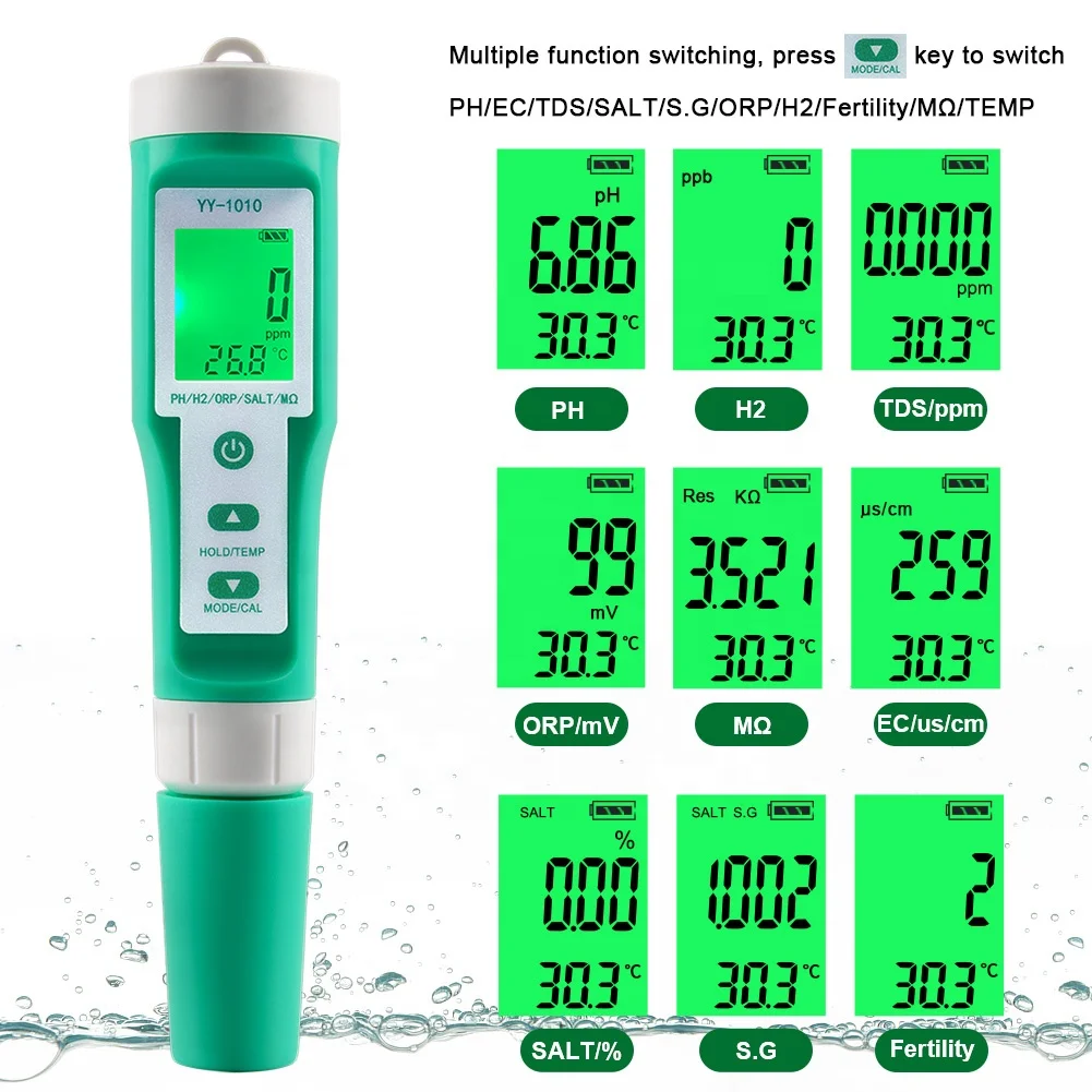 10 in 1 Food Salinity Meter PH/ORP/EC/H2 /S.G /TDS/SALT/TEMP/Resistivity Fertilizer Water Quality Tester for Food Aquarium Pool
10 in 1 Food Salinity Meter PH/ORP/EC/H2 /S.G /TDS/SALT/TEMP/Resistivity Fertilizer Water Quality Tester for Food Aquarium Pool