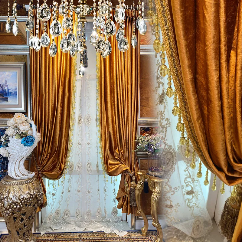 Custom curtain new living room bay window luxury French American high-end velvet gold cloth blackout curtain tulle drape C1042
Custom curtain new living room bay window luxury French American high-end velvet gold cloth blackout curtain tulle drape C1042
