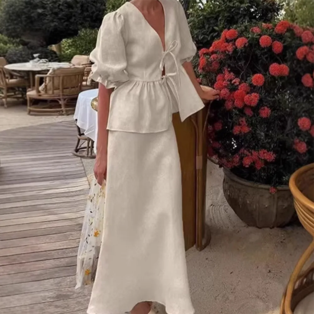 Fashion V-Neck Women's Cotton Dresses Bubble Sleeve Shirt Loose Long Skirt Set Lace-Up Casual Women Dress Women
Fashion V-Neck Women's Cotton Dresses Bubble Sleeve Shirt Loose Long Skirt Set Lace-Up Casual Women Dress Women