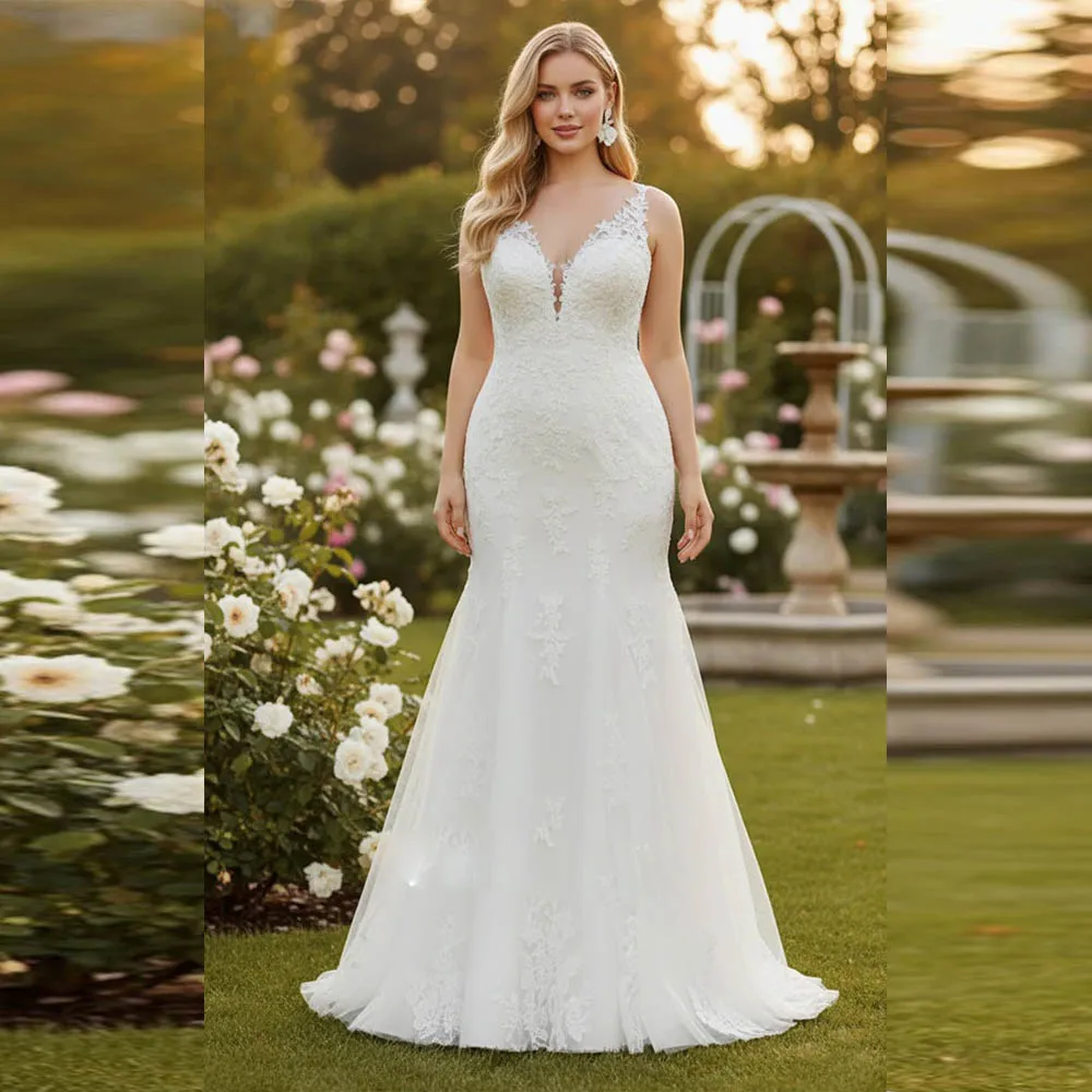 Plus Size Wedding Dresses For Bride V-neck Spaghetti Strap Mermaid Bridal Gowns Sleeveless Applique Brides dress Customized
Plus Size Wedding Dresses For Bride V-neck Spaghetti Strap Mermaid Bridal Gowns Sleeveless Applique Brides dress Customized