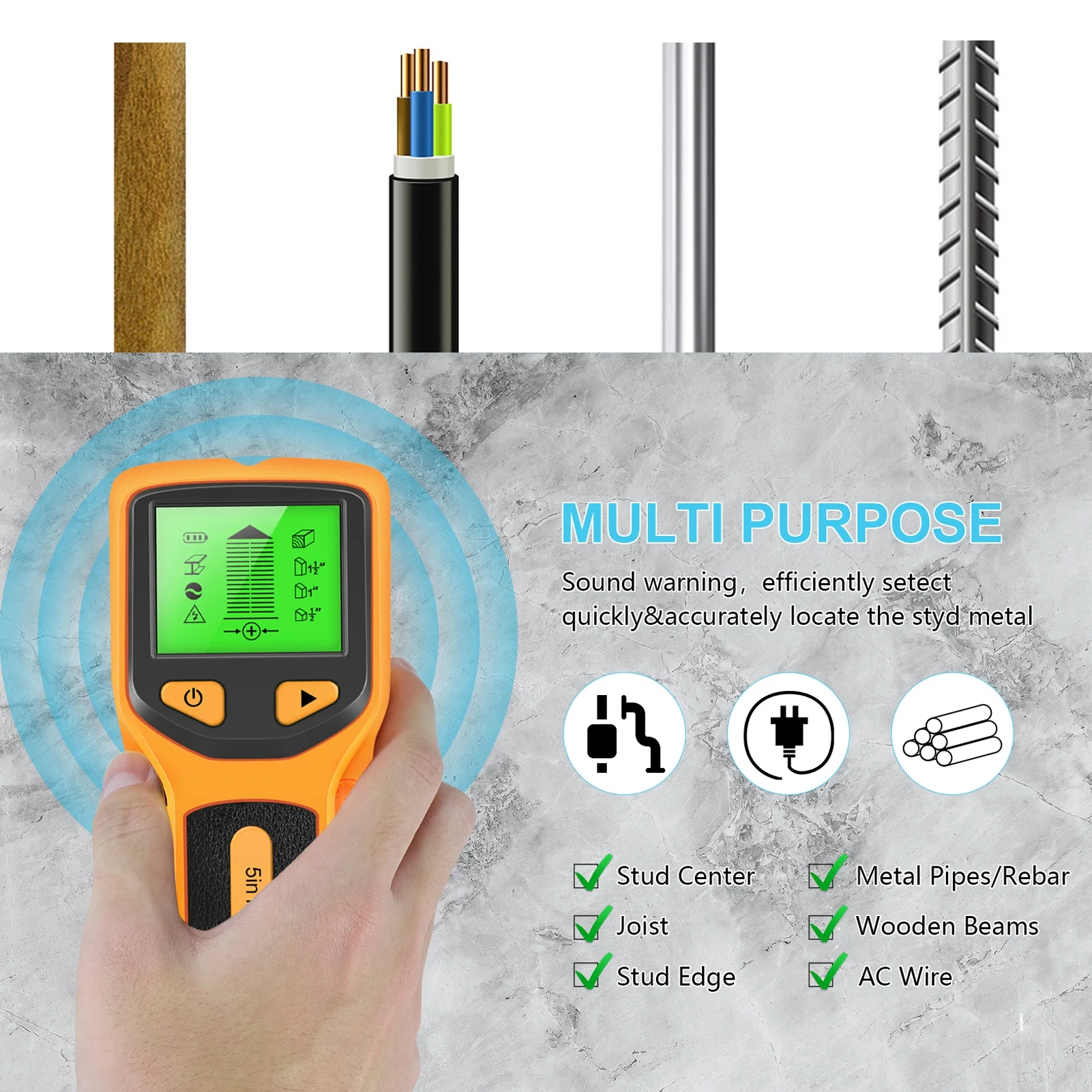 Electronic Stud Sensor Stud Finder Wall Scanner Sensor 5 in 1 Detector HD LCD Display for Wood AC Wire Center Stud Detector
Electronic Stud Sensor Stud Finder Wall Scanner Sensor 5 in 1 Detector HD LCD Display for Wood AC Wire Center Stud Detector