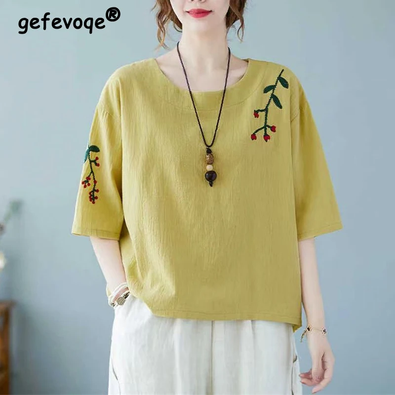 Womens Clothing Retro Floral Embroidery Cotton Linen T-shirts 2023 Summer Fashion Ladies Elegant Half Sleeve Loose Pullover Tops
Womens Clothing Retro Floral Embroidery Cotton Linen T-shirts 2023 Summer Fashion Ladies Elegant Half Sleeve Loose Pullover Tops