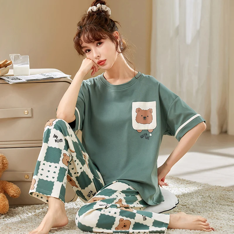 Newest Summer Knitted Cotton Women Pajamas Set Short Sleeve Pyjamas Cute Cartoon Sleepwear Loose M-5XL Female Home Clothing
Newest Summer Knitted Cotton Women Pajamas Set Short Sleeve Pyjamas Cute Cartoon Sleepwear Loose M-5XL Female Home Clothing