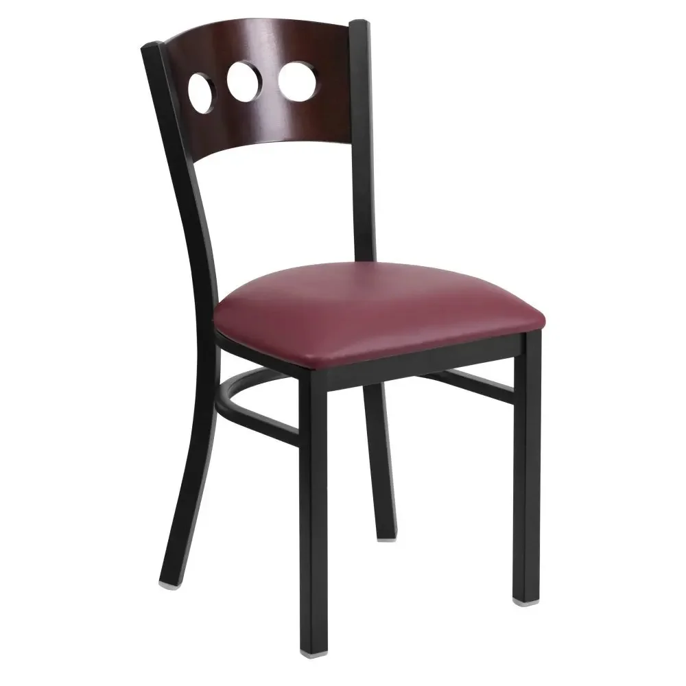 Black Metal Restaurant Chair With Walnut Wood Back And Red Wine Vinyl Seat
Black Metal Restaurant Chair With Walnut Wood Back And Red Wine Vinyl Seat