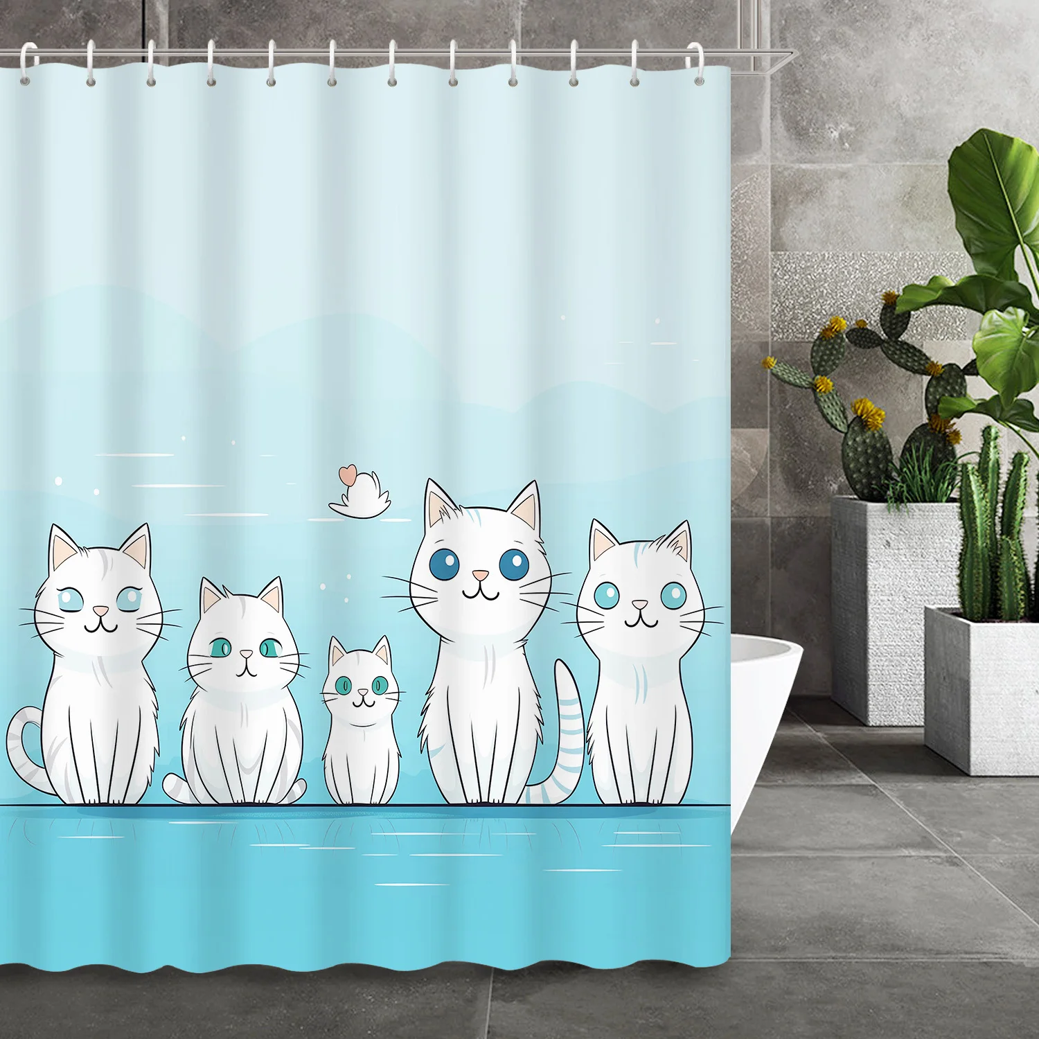 Семейная занавеска для душа с милым белым котом — синий мультяшный дизайн с крючками, очаровательные химерные кошки для ванны для декора ванной комнаты
Семейная занавеска для душа с милым белым котом — синий мультяшный дизайн с крючками, очаровательные химерные кошки для ванны для декора ванной комнаты