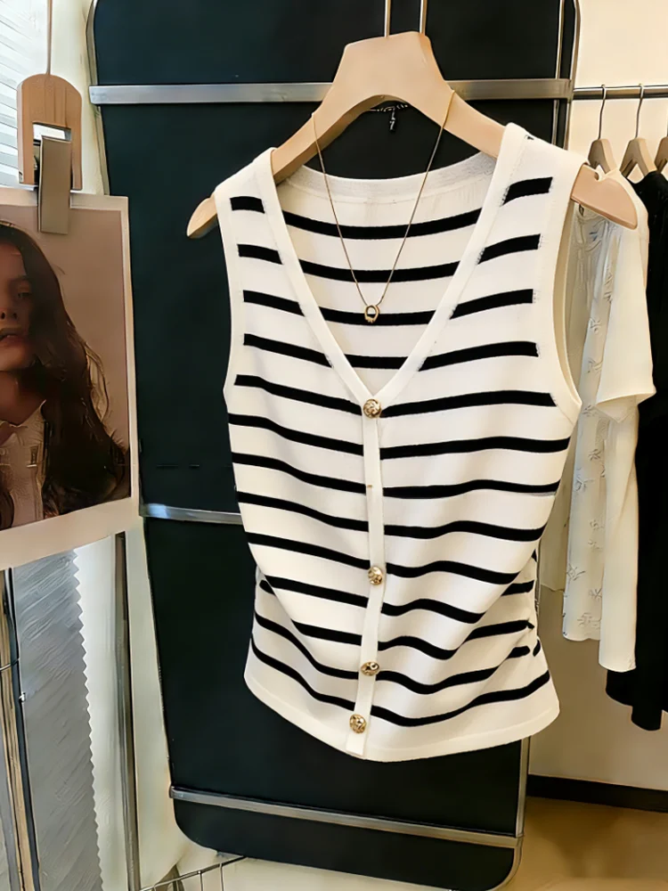Slimming Stripe V-Neck Sleeveless Tank Top Women's Summer New Style Thin Outerwear Silk Commute Korean Style Straight Cut
Slimming Stripe V-Neck Sleeveless Tank Top Women's Summer New Style Thin Outerwear Silk Commute Korean Style Straight Cut