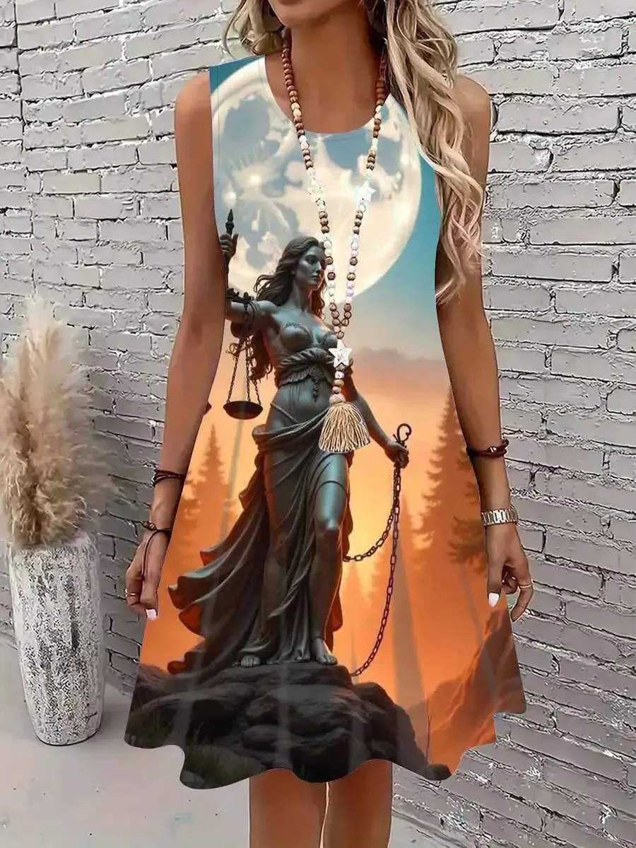 Lady Justice Statue Print Sleeveless Dress With Moon Forest Background Casual Wear
Lady Justice Statue Print Sleeveless Dress With Moon Forest Background Casual Wear