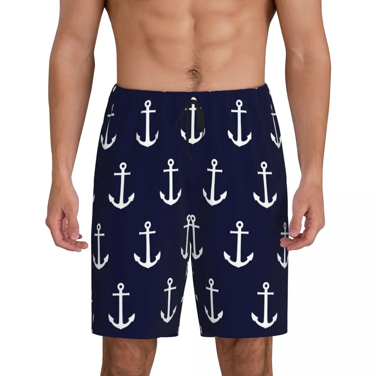 Мужские короткие пижамные шорты с белым принтом якоря на темно-синем фоне, для сна и отдыха
Мужские короткие пижамные шорты с белым принтом якоря на темно-синем фоне, для сна и отдыха