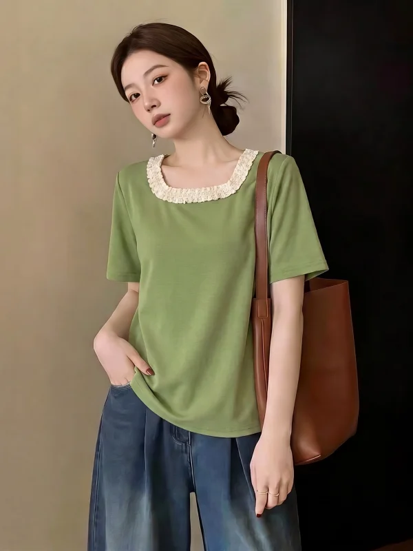 Avocado Green Square Collar Short Sleeve T-Shirt Women's Summer New Large Size Fat MM Forest System Anti-Aging Top
Avocado Green Square Collar Short Sleeve T-Shirt Women's Summer New Large Size Fat MM Forest System Anti-Aging Top