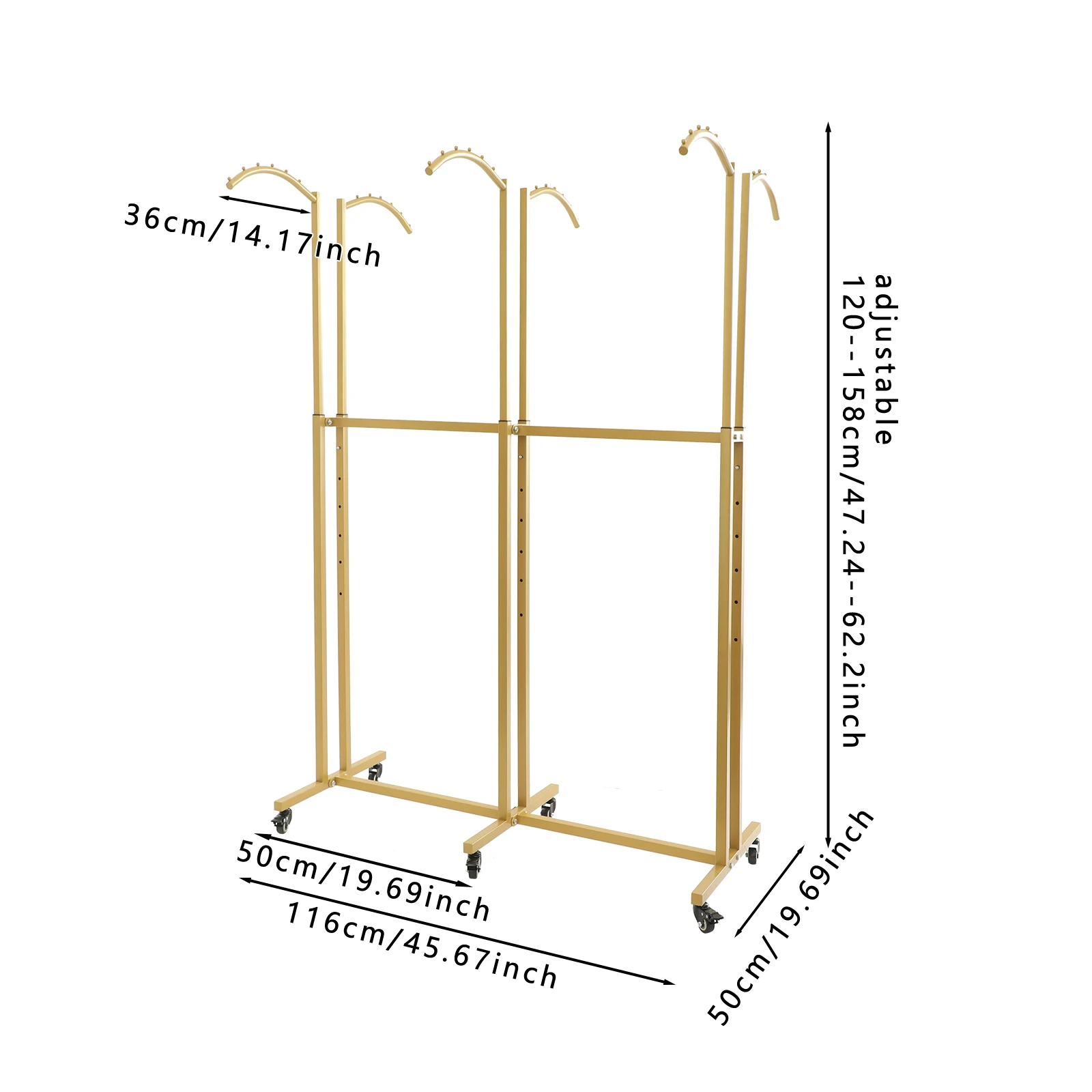 45.67*19.69*47.24-62.2in Gold Floor Standing 6 Arc Arms Garment Rack, Adjustable Height Clothing Display Rack with Wheels
45.67*19.69*47.24-62.2in Gold Floor Standing 6 Arc Arms Garment Rack, Adjustable Height Clothing Display Rack with Wheels