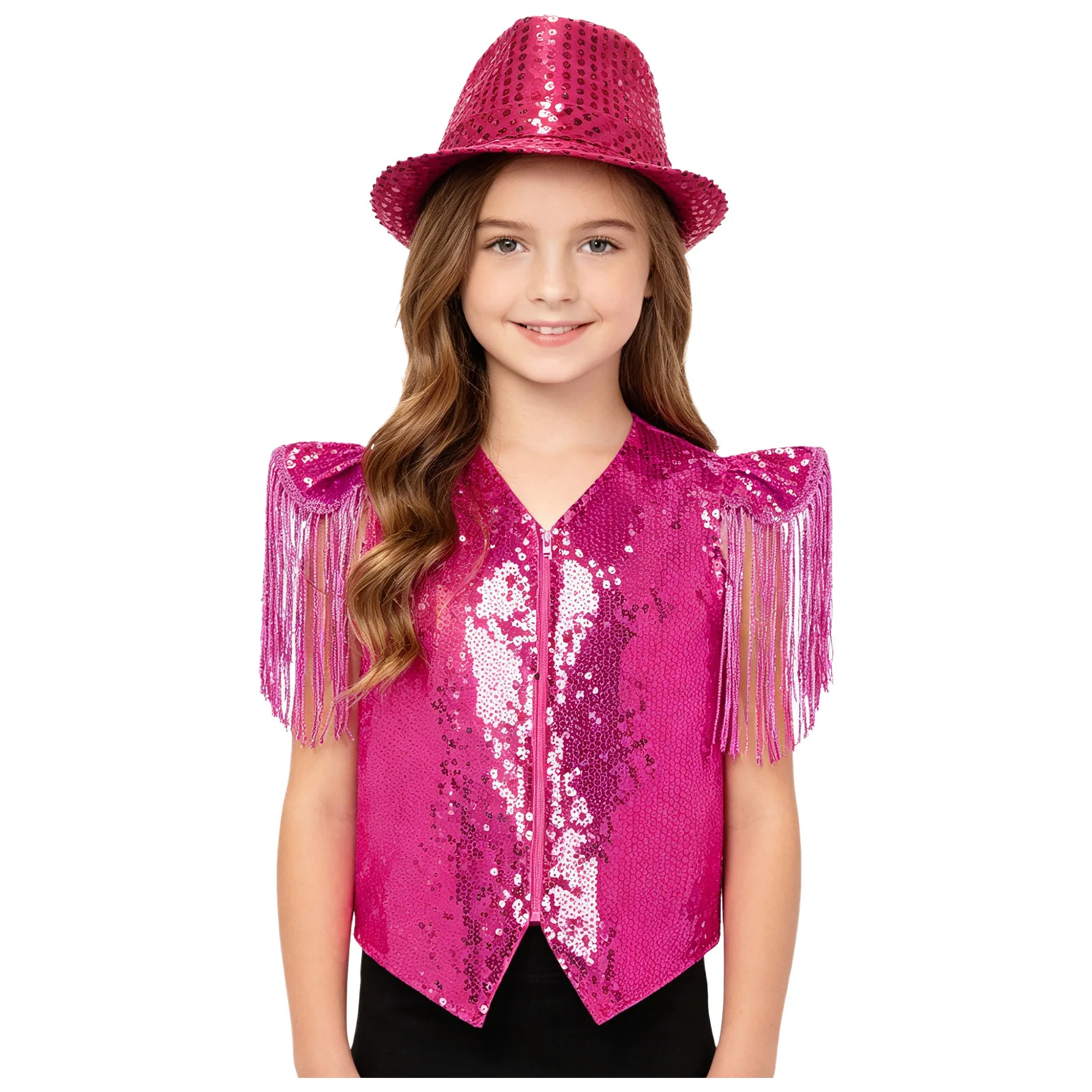 Kids Boys Girls Metallic Shiny Disco Jazz Dance Outfit Cap Sleeves Tassel Sequin Vest with Hat Party Hippie Rave Party Dancewear
Kids Boys Girls Metallic Shiny Disco Jazz Dance Outfit Cap Sleeves Tassel Sequin Vest with Hat Party Hippie Rave Party Dancewear