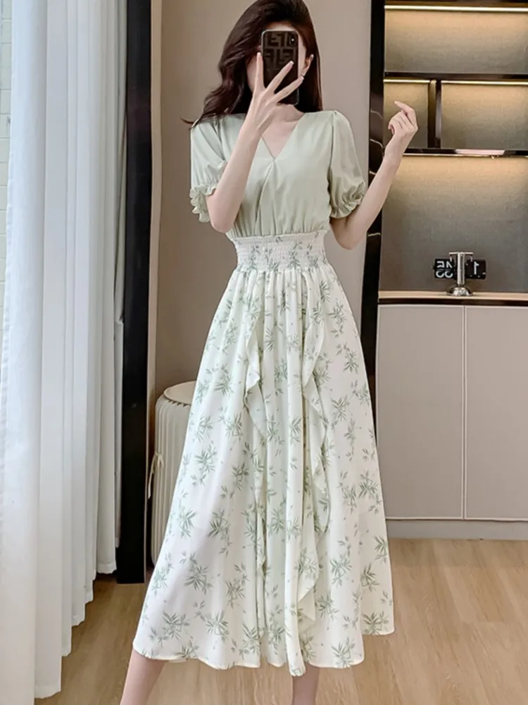 Elegant Summer Dress Ruffles A-line Patchwork Midi Dresses for Women Puff Sleeve V-neck Casual Floral Print One Piece Vestido
Elegant Summer Dress Ruffles A-line Patchwork Midi Dresses for Women Puff Sleeve V-neck Casual Floral Print One Piece Vestido