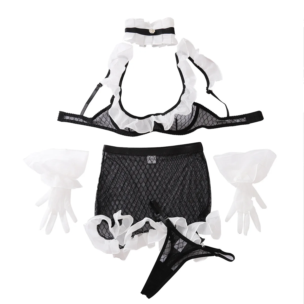 Sexy Fashion Contrast Color Lingerie Maid Uniform Women's See Through Mesh Underwear with Gloves Neck Loop Fun Five Piece Set
Sexy Fashion Contrast Color Lingerie Maid Uniform Women's See Through Mesh Underwear with Gloves Neck Loop Fun Five Piece Set
