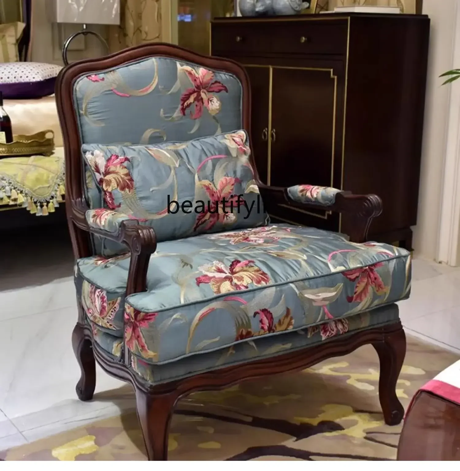 American fabric single sofa chair solid wood ottoman foot pedal living room engraved chair
American fabric single sofa chair solid wood ottoman foot pedal living room engraved chair