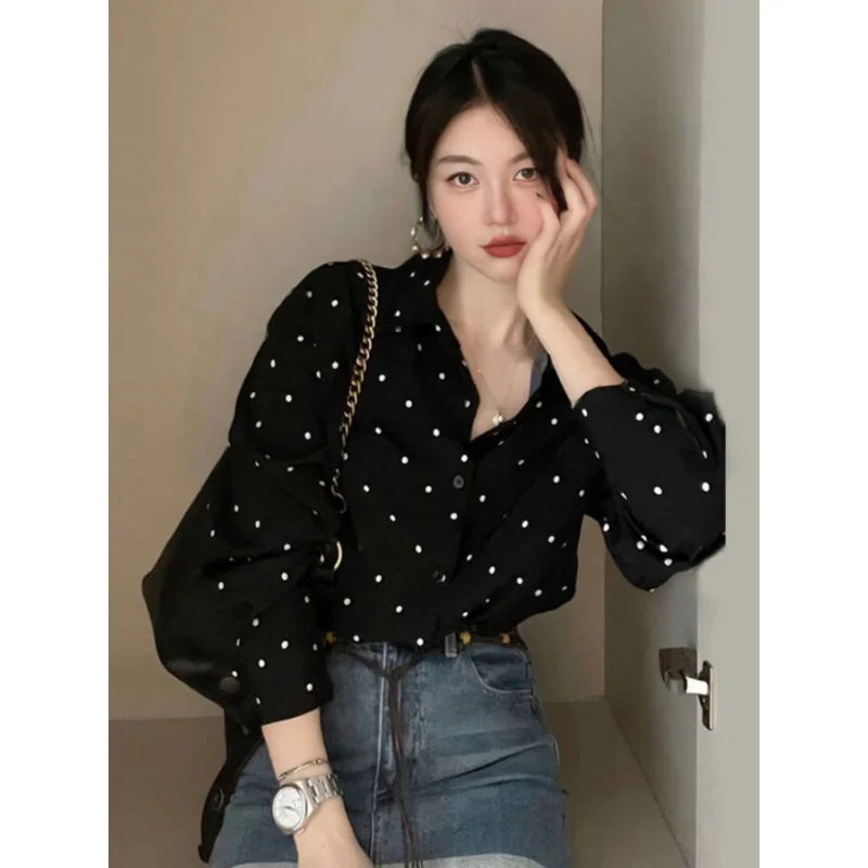Korean Chic Autumn Retro Hepburn Style Lapel Contrast Color Polka Dot Design Loose Leisure All-Matching Long Sleeve Shirt for Wo
Korean Chic Autumn Retro Hepburn Style Lapel Contrast Color Polka Dot Design Loose Leisure All-Matching Long Sleeve Shirt for Wo