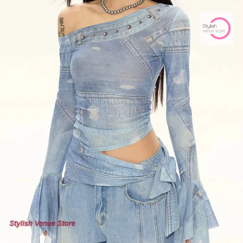 American retro diagonal shoulder mesh top women's spring and summer light blue print slim sweet design long sleeve shirt
American retro diagonal shoulder mesh top women's spring and summer light blue print slim sweet design long sleeve shirt