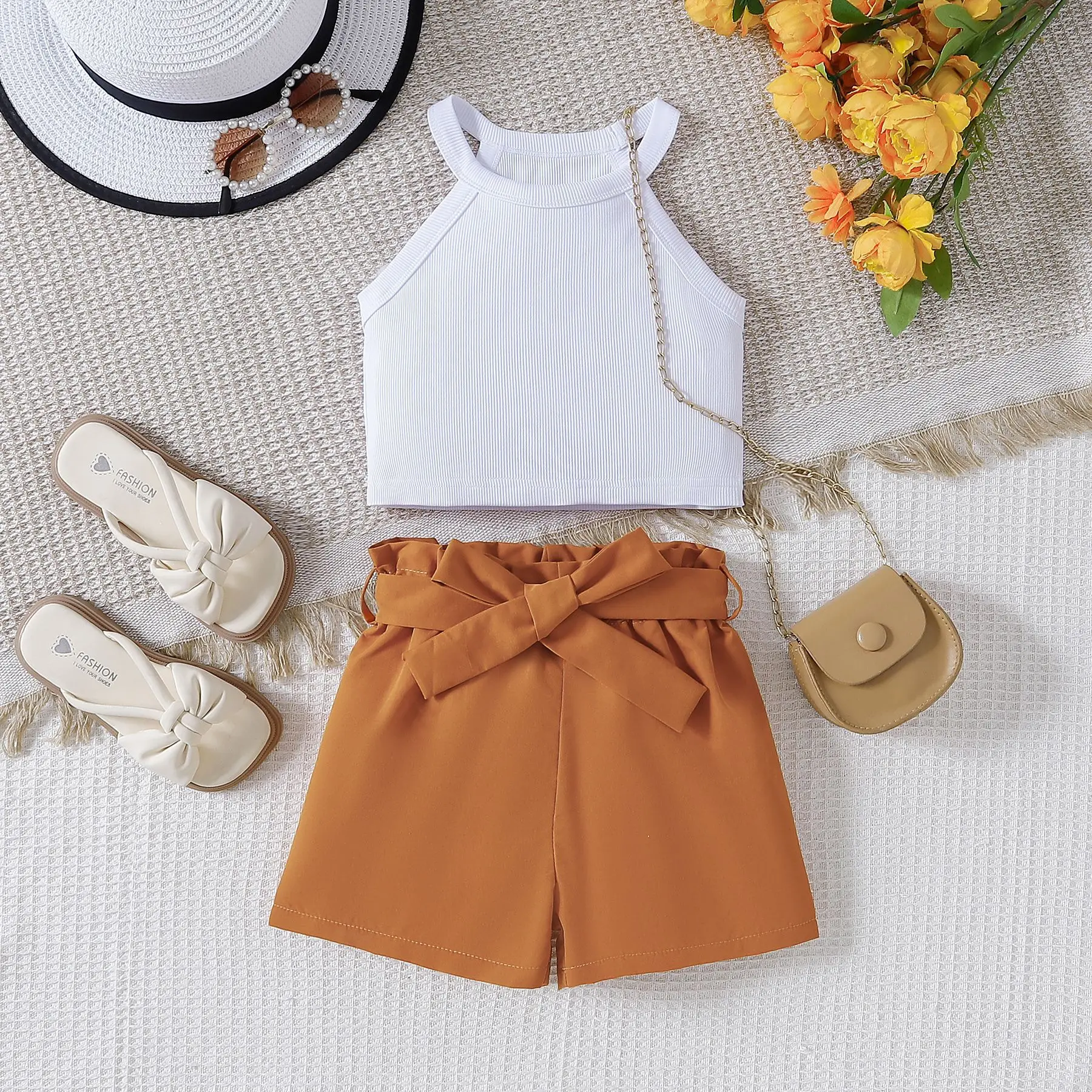 2024 New Child Clothes Sets Sleeveless Halter Tops Sashes Brown Shorts 2 Piece Sets Designer Girls Clothes Set 18M-6T
2024 New Child Clothes Sets Sleeveless Halter Tops Sashes Brown Shorts 2 Piece Sets Designer Girls Clothes Set 18M-6T