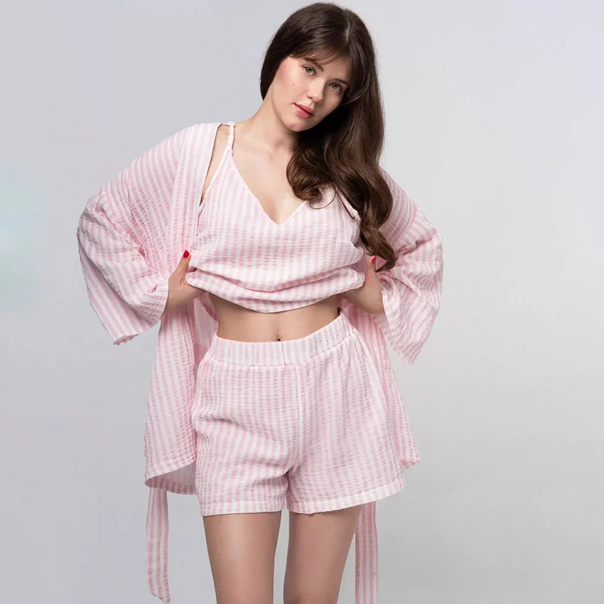 Hiloc Vintage Pink Stripe Pajamas 3 Piece Sets Autumn Long Sleeve Sleepwear Home Elastic Waist Shorts With Camis Casual Pajamas
Hiloc Vintage Pink Stripe Pajamas 3 Piece Sets Autumn Long Sleeve Sleepwear Home Elastic Waist Shorts With Camis Casual Pajamas