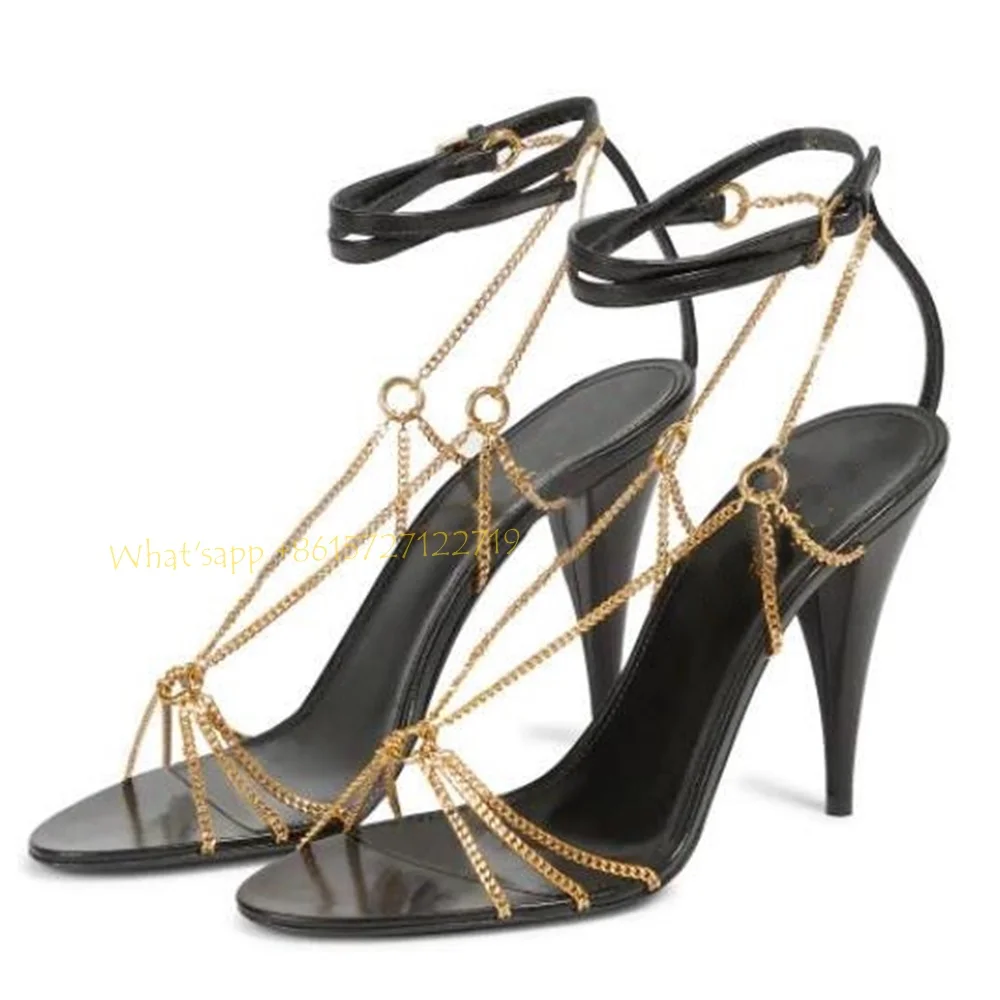 Metal Chain Cross-Tied Summer Sandals With Heels Peep Toe Spike Heels Black Sandals Luxury Women Summer Ankle Wrap Fashion Shoes
Metal Chain Cross-Tied Summer Sandals With Heels Peep Toe Spike Heels Black Sandals Luxury Women Summer Ankle Wrap Fashion Shoes