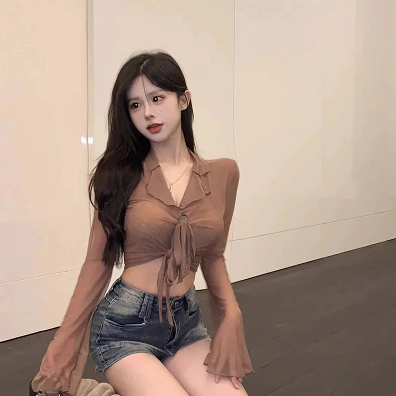 Korean Fashion Style All-match Solid Design Elegant CasualLong Flare Sleeve Blouses for Women Lace-up Mesh Sexy Sweet Hot Girls
Korean Fashion Style All-match Solid Design Elegant CasualLong Flare Sleeve Blouses for Women Lace-up Mesh Sexy Sweet Hot Girls