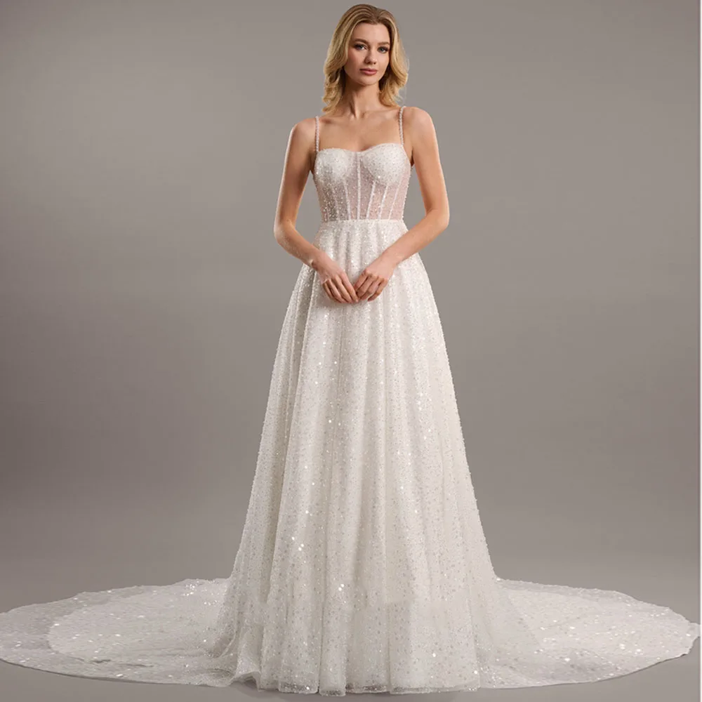 Customized Shiny Spaghetti Straps Sweetheart Collar Wedding Party Dress Backless Court Wedding Gown Sequins
Customized Shiny Spaghetti Straps Sweetheart Collar Wedding Party Dress Backless Court Wedding Gown Sequins