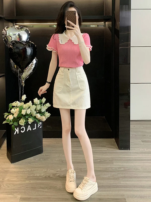 Sweet And Gentle Fashionable Two-Piece Set Women's Summer Youthful Pink Short Sleeve Top And Denim Skirt Cotton Casual S...
Sweet And Gentle Fashionable Two-Piece Set Women's Summer Youthful Pink Short Sleeve Top And Denim Skirt Cotton Casual S...