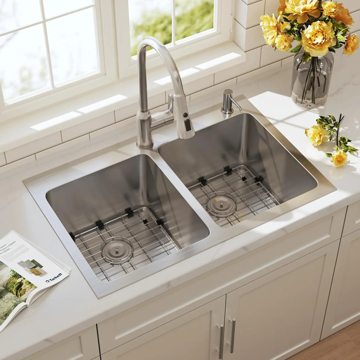 33in Double Bowl Drop-in Kitchen Sink 16 Gauge Stainless Steel Commercial Satin Finish w/ Strainer & Grid 33x22x9in, Custom
33in Double Bowl Drop-in Kitchen Sink 16 Gauge Stainless Steel Commercial Satin Finish w/ Strainer & Grid 33x22x9in, Custom