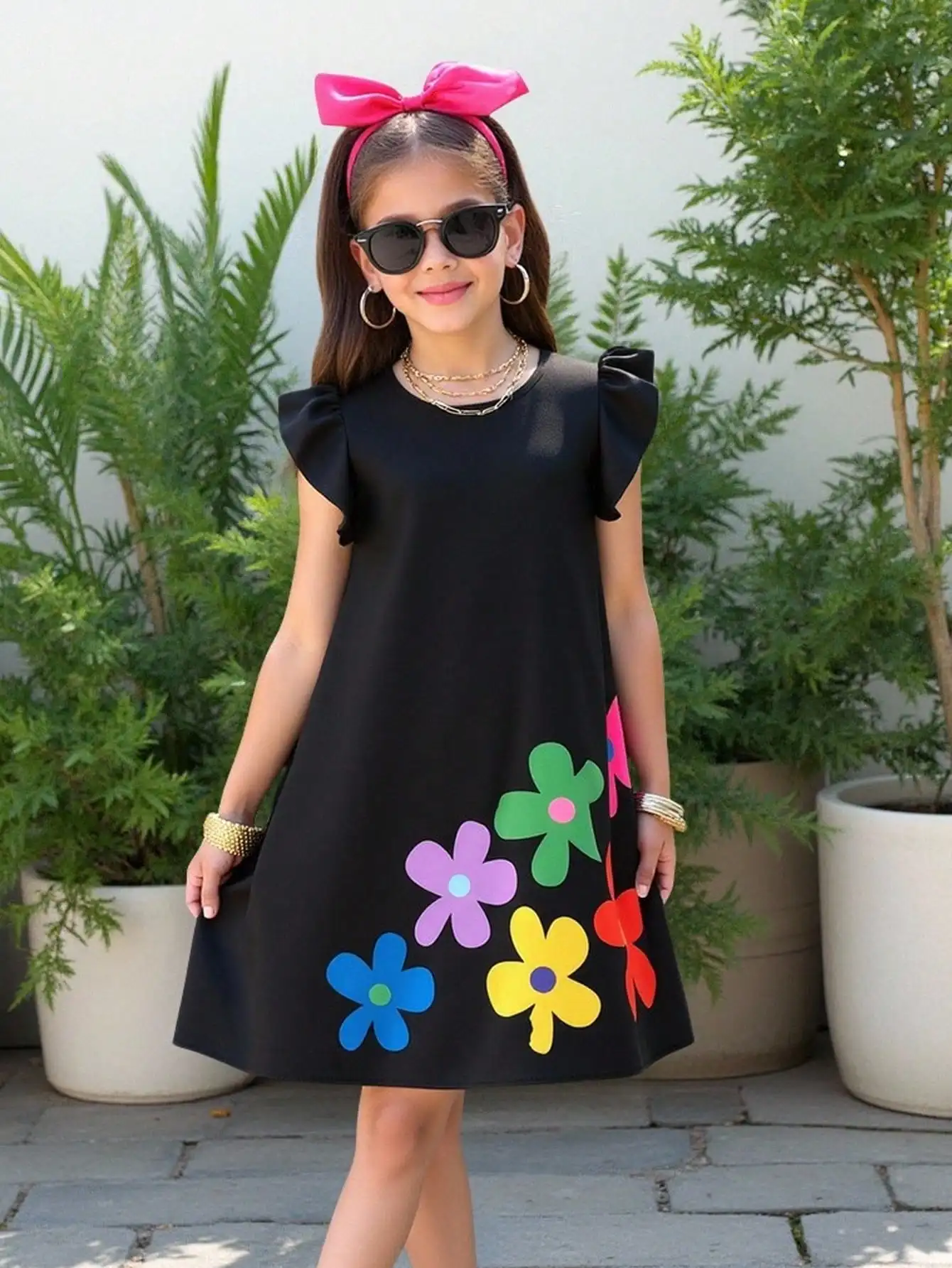Black Girls Dress with Colorful Floral Appliqué, Ruffle Sleeves, Round Neck
Black Girls Dress with Colorful Floral Appliqué, Ruffle Sleeves, Round Neck