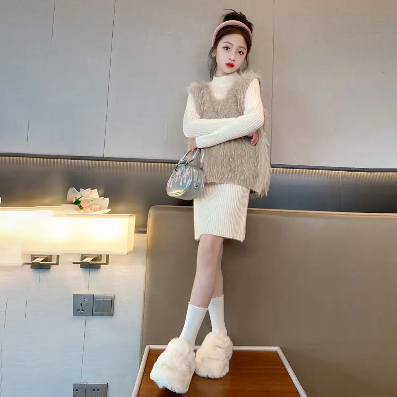 Girl Dress Suit 2023 New Spring Autumn Korean Fashion Style Sets Baby Girl Solid Turtleneck Dress Fur Vest Two Piece Suit
Girl Dress Suit 2023 New Spring Autumn Korean Fashion Style Sets Baby Girl Solid Turtleneck Dress Fur Vest Two Piece Suit