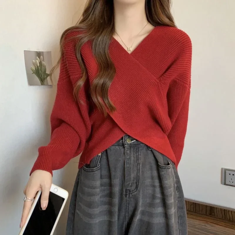 Korean Fashion Cross Knitted Sweater Women Autumn Spring Solid V Neck Long Sleeve Pullovers Crop Tops Streetwear Elegant Jumper
Korean Fashion Cross Knitted Sweater Women Autumn Spring Solid V Neck Long Sleeve Pullovers Crop Tops Streetwear Elegant Jumper