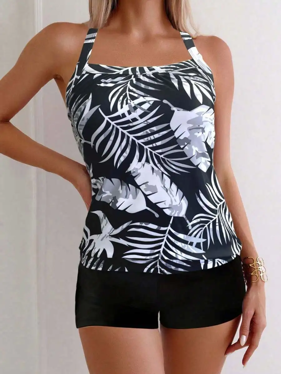 Tropical Leaf Print Tankini Top And Boyshorts Bottom For Women Summer Beach Swimwear
Tropical Leaf Print Tankini Top And Boyshorts Bottom For Women Summer Beach Swimwear