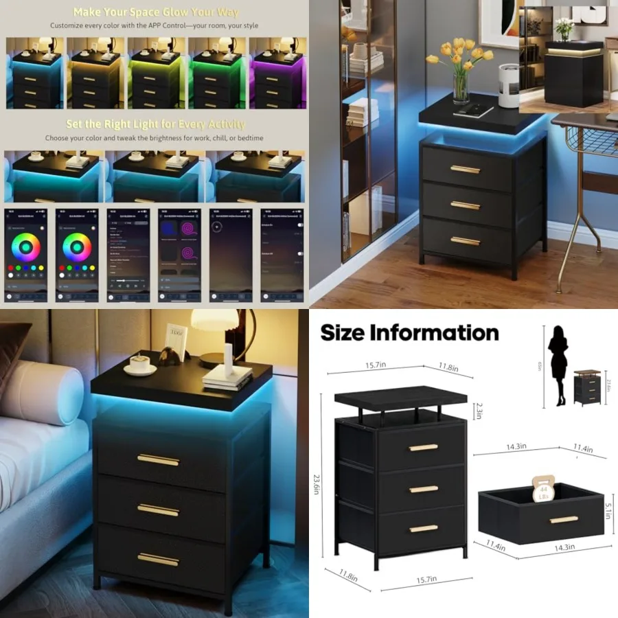 Night Stand with APP Control LED Lights, 3 Fabric Storage Drawers with PU Finish, Floating Top Design, Bedside Table with Open
Night Stand with APP Control LED Lights, 3 Fabric Storage Drawers with PU Finish, Floating Top Design, Bedside Table with Open