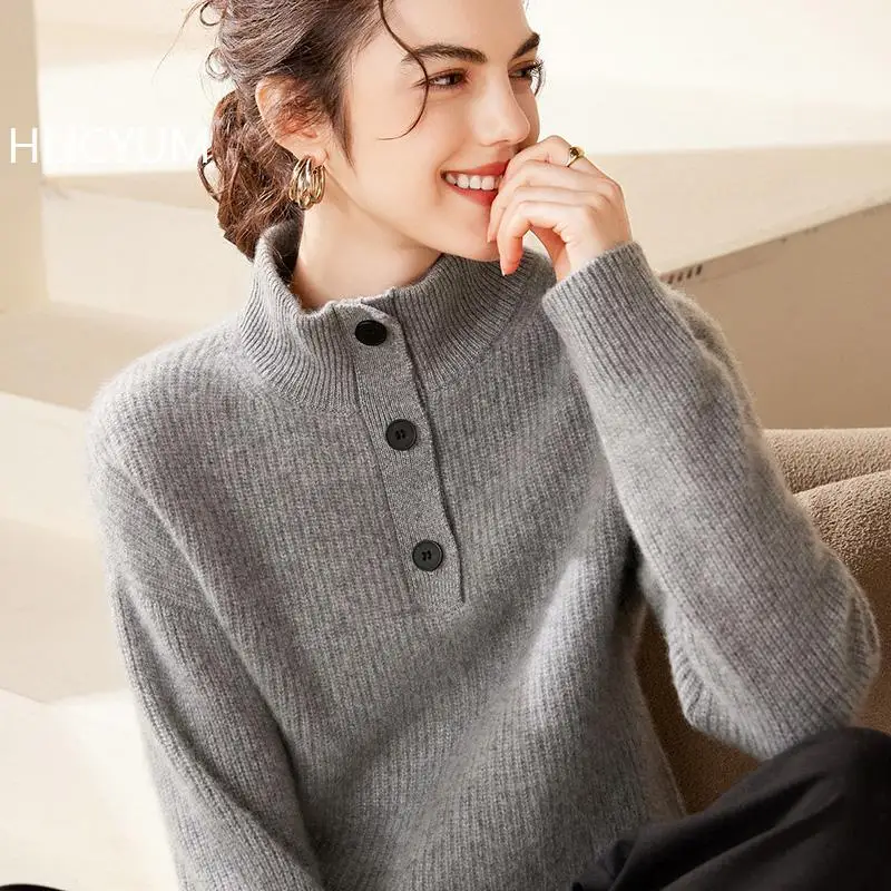 100% cashmere women's sweater autumn/winter stand up collar knitted pullover loose Jumper half open top thick buttons Blouse
100% cashmere women's sweater autumn/winter stand up collar knitted pullover loose Jumper half open top thick buttons Blouse