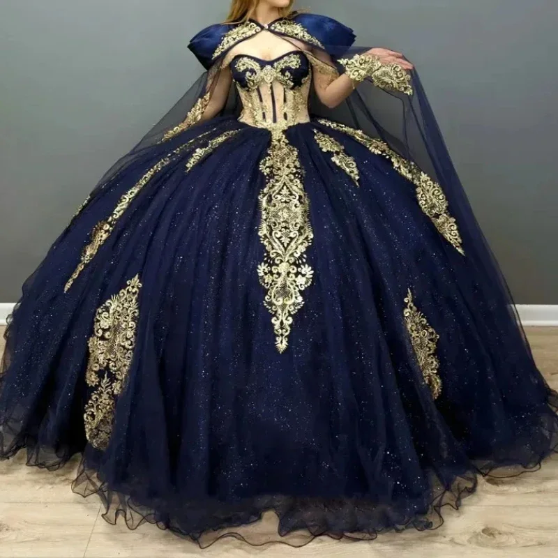 Customized Elegant Navy Blue 16 Quinceanera Dress With Cape Gold Lace Applique Ball Gown Women Prom Birthday Party Dress Formal
Customized Elegant Navy Blue 16 Quinceanera Dress With Cape Gold Lace Applique Ball Gown Women Prom Birthday Party Dress Formal