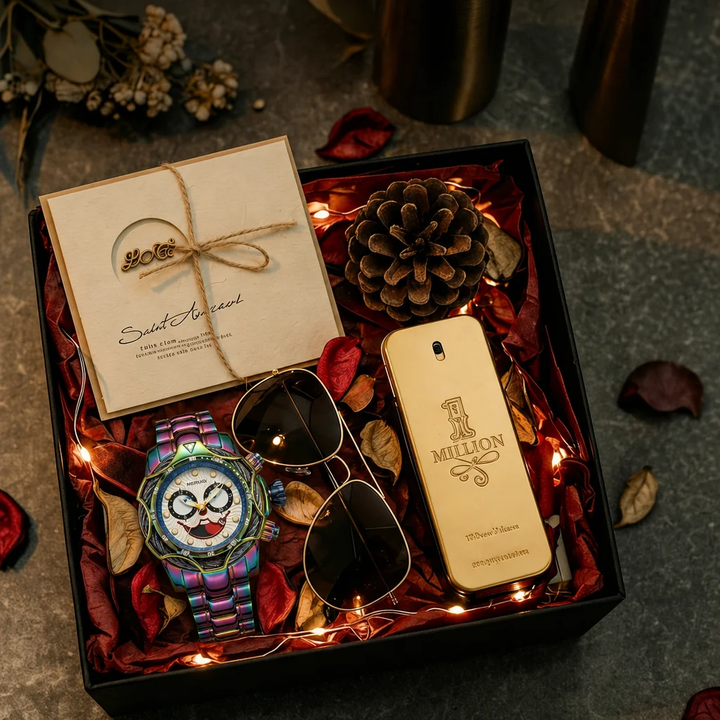 4pc Men's Iridescent Clown Face Metal Band Bold Crystal-studded Sunglasses Perfume Mechanical Watch Gift Box Set for Party
4pc Men's Iridescent Clown Face Metal Band Bold Crystal-studded Sunglasses Perfume Mechanical Watch Gift Box Set for Party