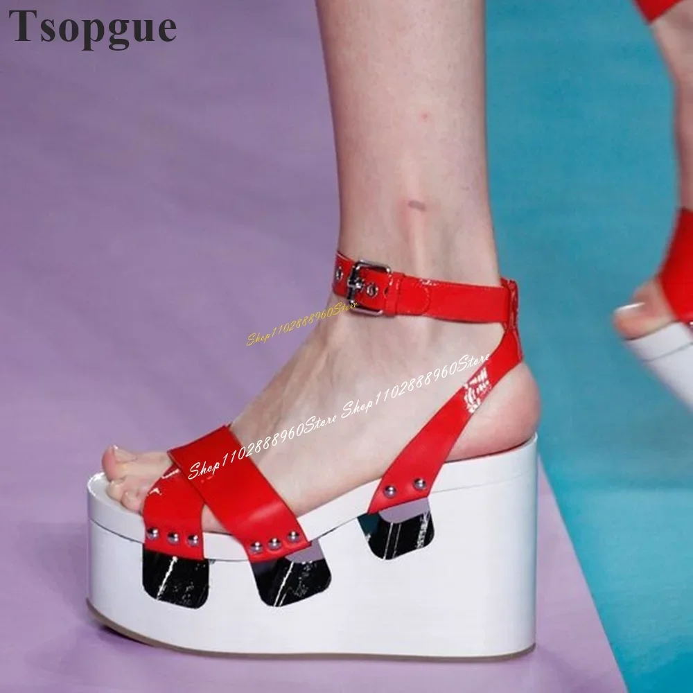 Red Cross Strip Platform Thick Soled Sandals Wedges Heel Women Shoes Ankle Buckle Strap Open Toe Catwalk Trending Women Sandals 
Red Cross Strip Platform Thick Soled Sandals Wedges Heel Women Shoes Ankle Buckle Strap Open Toe Catwalk Trending Women Sandals