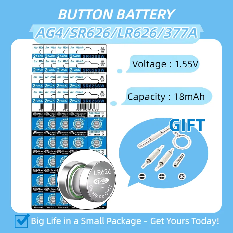 1.55V SR626SW 18mAh Alkaline AG4 Button Cell Battery for Watches Toys Calculators 177 376 626A 377A LR626 Coin Cells
1.55V SR626SW 18mAh Alkaline AG4 Button Cell Battery for Watches Toys Calculators 177 376 626A 377A LR626 Coin Cells